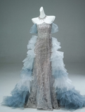 Ndyad Off-the-shoulder Tulle Sequin Long Ball Gown, Elegant Rhinestone Evening Gown HZ1024