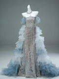 Ndyad Off-the-shoulder Tulle Sequin Long Ball Gown, Elegant Rhinestone Evening Gown HZ1024