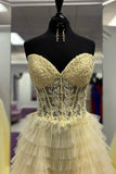 Ndyad A-line Strapless Multi-Layers Sweetheart Tulle Beaded Long Prom Dress with Slit HZ1024