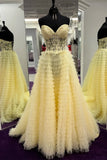 Ndyad A-line Strapless Multi-Layers Sweetheart Tulle Beaded Long Prom Dress with Slit HZ1024
