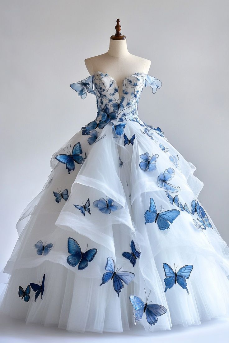 Evafashion A-Line Fairytale Tulle Long Prom Dress with 3D Butterfly??Off-the-shoulder Evening Gown for Birthday&Quinceanera HZ1024