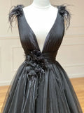 Ndyad Line Black V Neck Tulle Long Prom Dress HZ1024