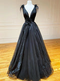Ndyad Line Black V Neck Tulle Long Prom Dress HZ1024