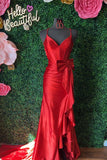Ndyad Straps V-Neck Satin Mermaid Prom Dress with Bow HZ1024