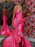 Ndyad Straps V-Neck Satin Mermaid Prom Dress with Bow HZ1024