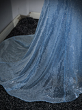 Ndyad Mermaid Sequin Sheer Straps Scalloped Long Prom Dress HZ1024