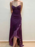Ndyad Sweetheart High Low Party Dress, Purple Spaghetti Straps Prom Dress HZ1024