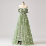 Ndyad Green A-Line Tulle Spaghetti Straps 3D Butterfly Long Prom Dress Sweet Adult Graduation Prom Dress HZ1024