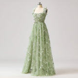 Ndyad Green A-Line Tulle Spaghetti Straps 3D Butterfly Long Prom Dress Sweet Adult Graduation Prom Dress HZ1024