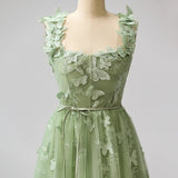 Ndyad Green A-Line Tulle Spaghetti Straps 3D Butterfly Long Prom Dress Sweet Adult Graduation Prom Dress HZ1024