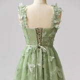 Ndyad Green A-Line Tulle Spaghetti Straps 3D Butterfly Long Prom Dress Sweet Adult Graduation Prom Dress HZ1024