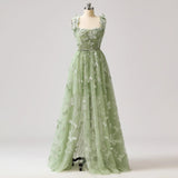 Ndyad Green A-Line Tulle Spaghetti Straps 3D Butterfly Long Prom Dress Sweet Adult Graduation Prom Dress HZ1024