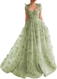 Ndyad Green A-Line Tulle Spaghetti Straps 3D Butterfly Long Prom Dress Sweet Adult Graduation Prom Dress HZ1024