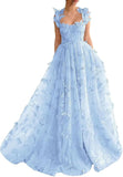 Ndyad Green A-Line Tulle Spaghetti Straps 3D Butterfly Long Prom Dress Sweet Adult Graduation Prom Dress HZ1024