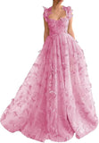 Ndyad Green A-Line Tulle Spaghetti Straps 3D Butterfly Long Prom Dress Sweet Adult Graduation Prom Dress HZ1024