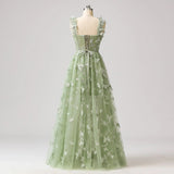 Ndyad Green A-Line Tulle Spaghetti Straps 3D Butterfly Long Prom Dress Sweet Adult Graduation Prom Dress HZ1024