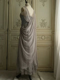Ndyad Spaghetti Straps Transparent Beads Sweetheart Neck Grey Long Prom Dress HZ1024