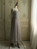 Ndyad Spaghetti Straps Transparent Beads Sweetheart Neck Grey Long Prom Dress HZ1024
