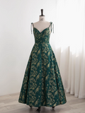 Ndyad Green A-line Spaghetti Strap Satin Long Prom Dress Sweetheart Neckline Retro Bridesmaid Dress Dress HZ1024