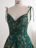 Ndyad Green A-line Spaghetti Strap Satin Long Prom Dress Sweetheart Neckline Retro Bridesmaid Dress Dress HZ1024