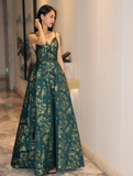 Ndyad Green A-line Spaghetti Strap Satin Long Prom Dress Sweetheart Neckline Retro Bridesmaid Dress Dress HZ1024