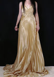 Ndyad A-line Spaghetti Straps Satin Beaded Long Prom Dress V-neck Retro Evening Dress HZ1024