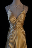 Ndyad A-line Spaghetti Straps Satin Beaded Long Prom Dress V-neck Retro Evening Dress HZ1024