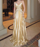 Ndyad A-line Spaghetti Straps Satin Beaded Long Prom Dress V-neck Retro Evening Dress HZ1024