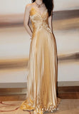 Ndyad A-line Spaghetti Straps Satin Beaded Long Prom Dress V-neck Retro Evening Dress HZ1024