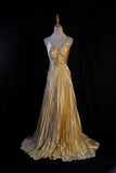 Ndyad A-line Spaghetti Straps Satin Beaded Long Prom Dress V-neck Retro Evening Dress HZ1024