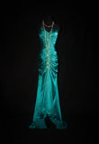 Ndyad Mermaid Halter Satin Beaded Long Prom Dress Retro V-neck Rhinestone Evening Gown HZ1024