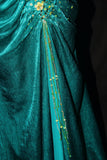 Ndyad Mermaid Halter Satin Beaded Long Prom Dress Retro V-neck Rhinestone Evening Gown HZ1024