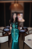 Ndyad Mermaid Halter Satin Beaded Long Prom Dress Retro V-neck Rhinestone Evening Gown HZ1024
