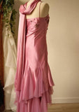 Evafashion A-line Pink Spaghetti Strap Satin Applique Retro Prom Dress Birthday Party Dress HZ1024