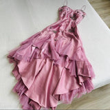 Evafashion A-line Pink Spaghetti Strap Satin Applique Retro Prom Dress Birthday Party Dress HZ1024