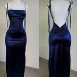 Ndyad Blue Spaghetti Strap Bodycon Satin Elegant Prom Dresses Backless Party Dresses HZ1024