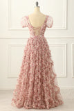 Ndyad A-line Tulle Pleated Floral Long Prom Dress Adult Ceremony Graduation Prom Dress HZ1024