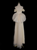 Ndyad Yellow A-line Satin Off-shoulder Tulle Long Prom Dress Graduation Prom Dress Wedding Dress HZ1024