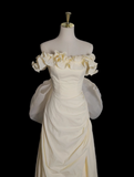 Ndyad Yellow A-line Satin Off-shoulder Tulle Long Prom Dress Graduation Prom Dress Wedding Dress HZ1024