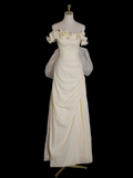 Ndyad Yellow A-line Satin Off-shoulder Tulle Long Prom Dress Graduation Prom Dress Wedding Dress HZ1024