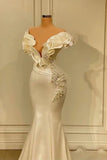 Ndyad White Mermaid V-neck Satin Pearl Ruffle Long Prom Dress Elegant Evening Dress HZ1024