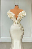 Ndyad White Mermaid V-neck Satin Pearl Ruffle Long Prom Dress Elegant Evening Dress HZ1024