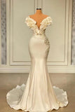 Ndyad White Mermaid V-neck Satin Pearl Ruffle Long Prom Dress Elegant Evening Dress HZ1024