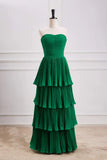 Ndyad Green A-line Chiffon Strapless Layers Long Prom Dress Formal Evening Dress HZ1024