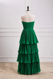 Ndyad Green A-line Chiffon Strapless Layers Long Prom Dress Formal Evening Dress HZ1024