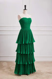 Ndyad Green A-line Chiffon Strapless Layers Long Prom Dress Formal Evening Dress HZ1024