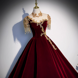 Ndyad A-line Velvet Beaded Sequined Long Prom Dress with Gold Appliques Formal Evening Gown HZ1024