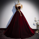 Ndyad A-line Velvet Beaded Sequined Long Prom Dress with Gold Appliques Formal Evening Gown HZ1024