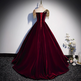 Ndyad A-line Velvet Beaded Sequined Long Prom Dress with Gold Appliques Formal Evening Gown HZ1024