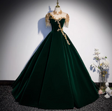 Ndyad A-line Velvet Beaded Sequined Long Prom Dress with Gold Appliques Formal Evening Gown HZ1024
